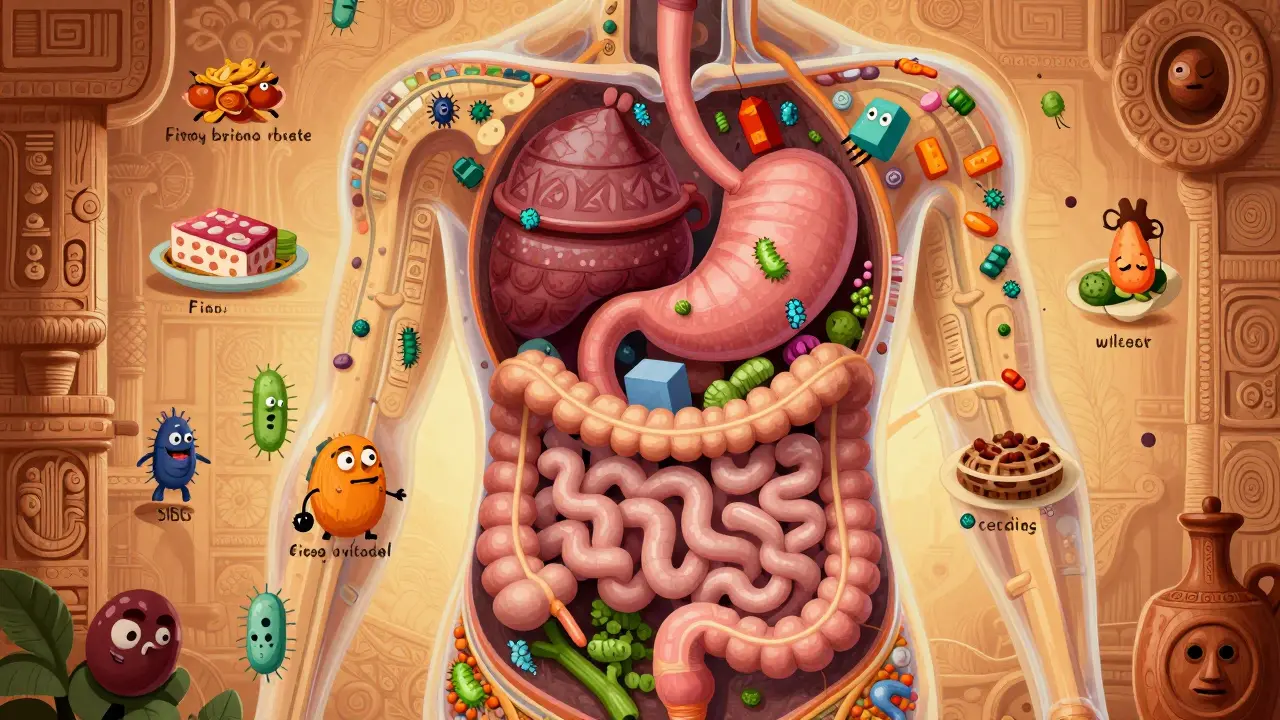 Tratto gastrointestinale bloccato con cibo e batteri, illustrazione artistica alebrije dettagliata.