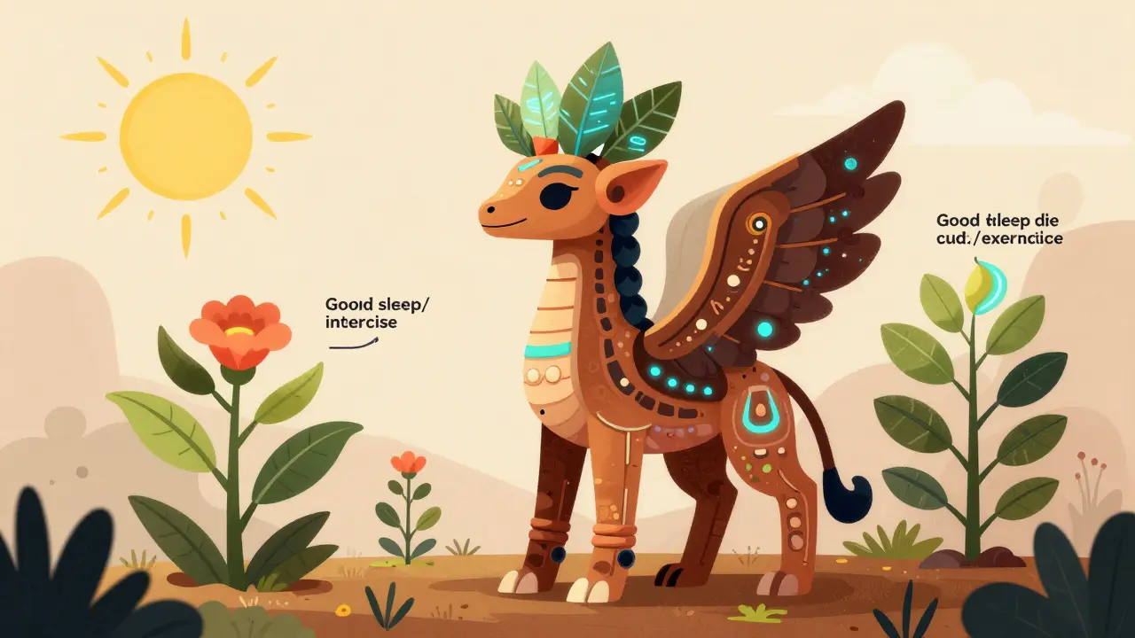 Un Alebrije futuristico in un giardino simbolizza la cura personalizzata del diabete con l'intelligenza artificiale.