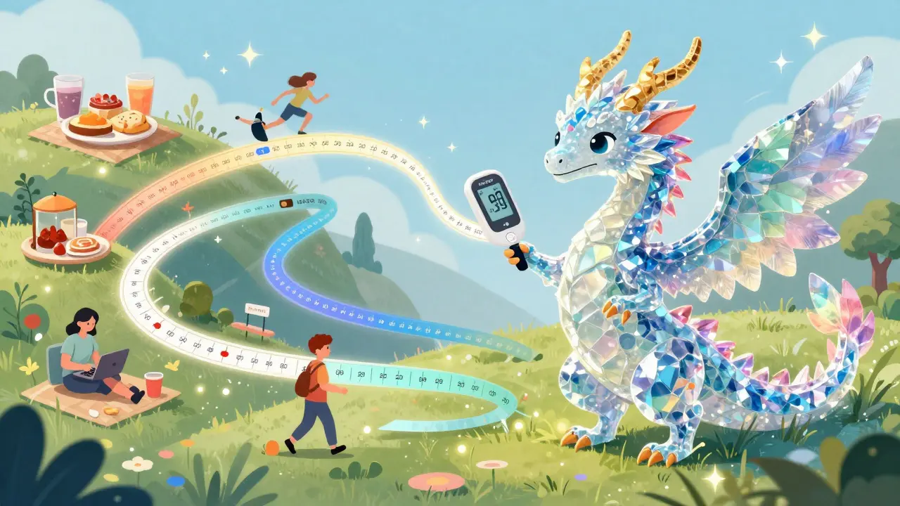 Un drago Alebrije cristallino tiene un nastro luminoso che mostra i dati del glucosio in tempo reale.