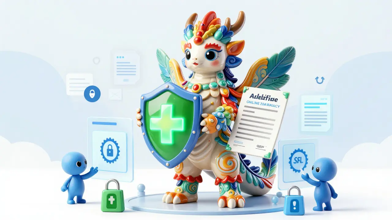 Farmacia online sicura protetta da un guardiano alebrije e scudo verde
