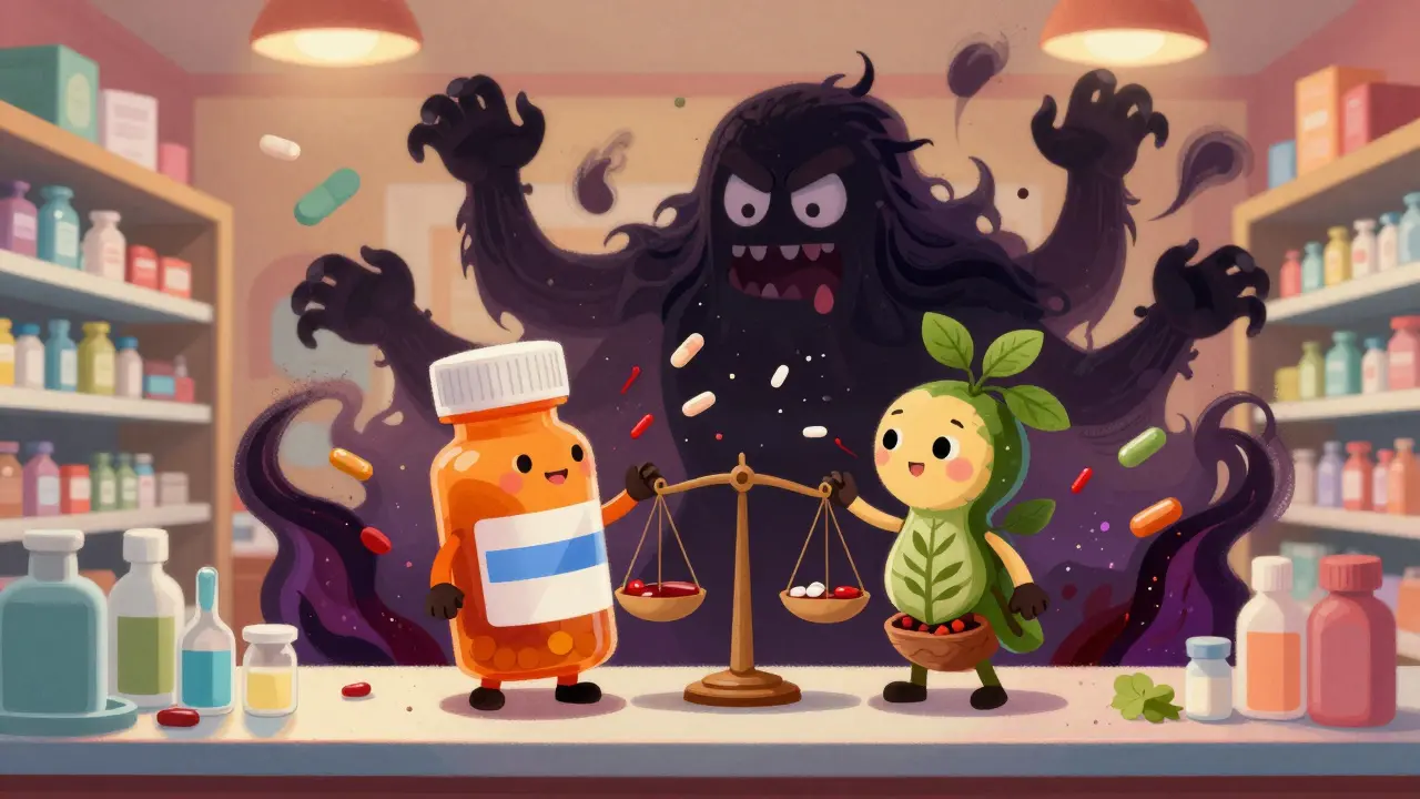 Interazioni farmacologiche nascoste rappresentate da creature Alebrije che si fondono