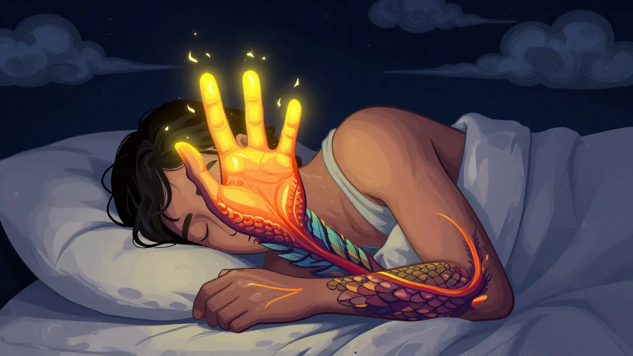 Mano che trema di notte per formicolio, stile arte Alebrije colorata