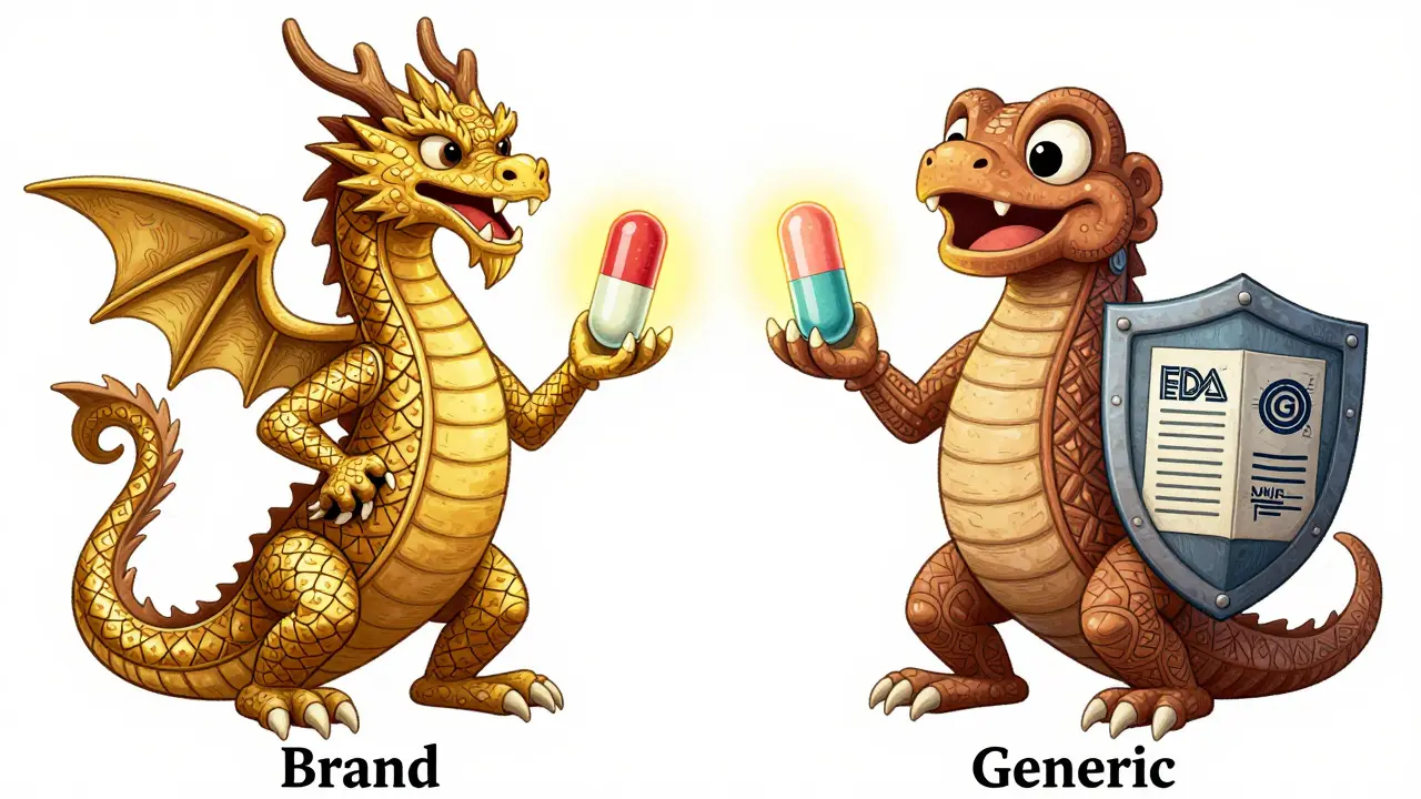 Alebrije arte: confronto tra farmaco originale e generico mostrato come due creature magiche identiche