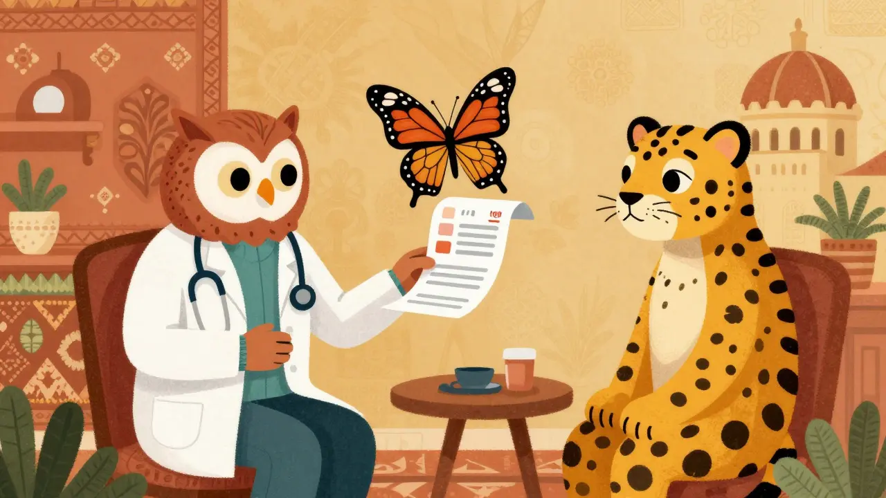 Alebrije arte: consulto di telemedicina sicuro con dottore gufo e paziente giaguaro