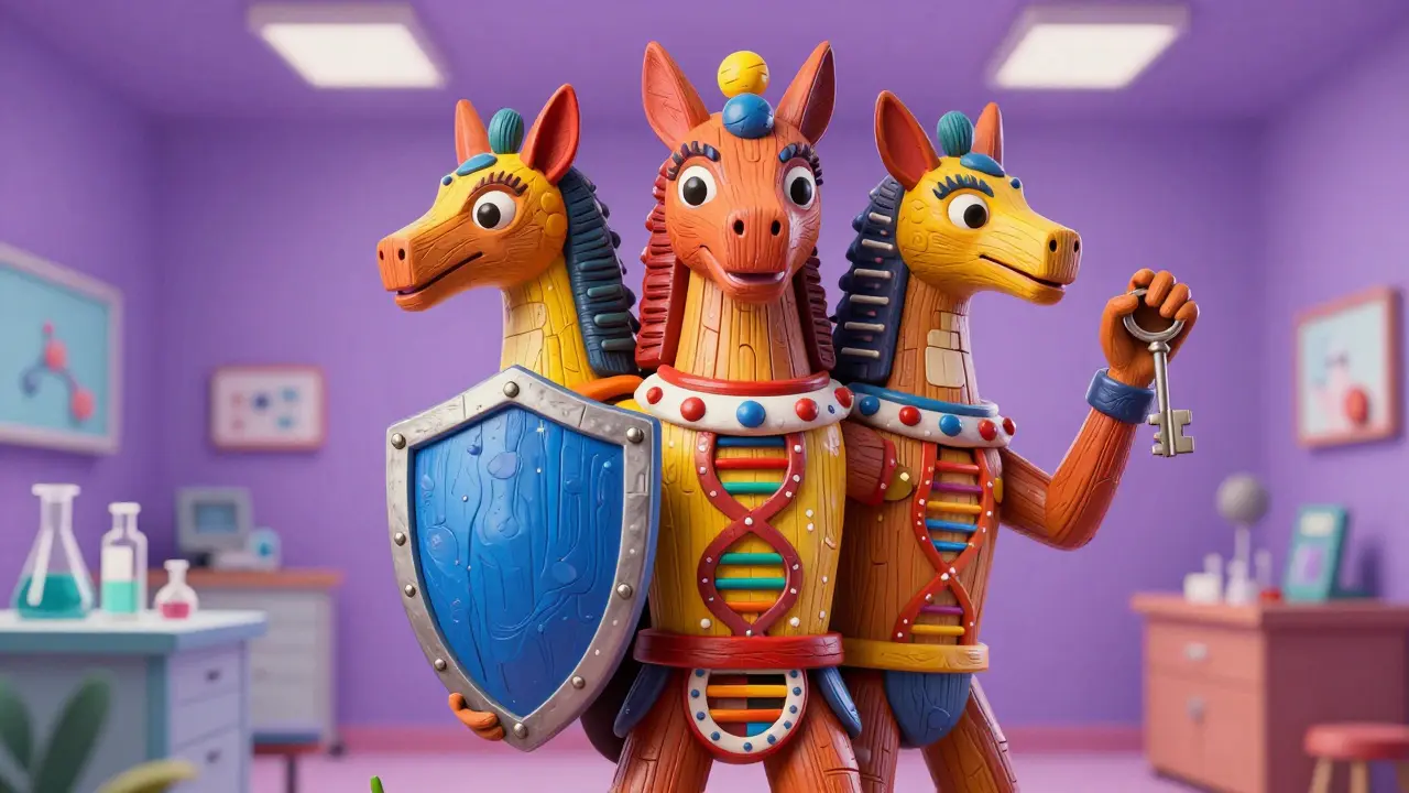 Alebrije maestoso con motivi DNA che simboleggia la medicina personalizzata futura