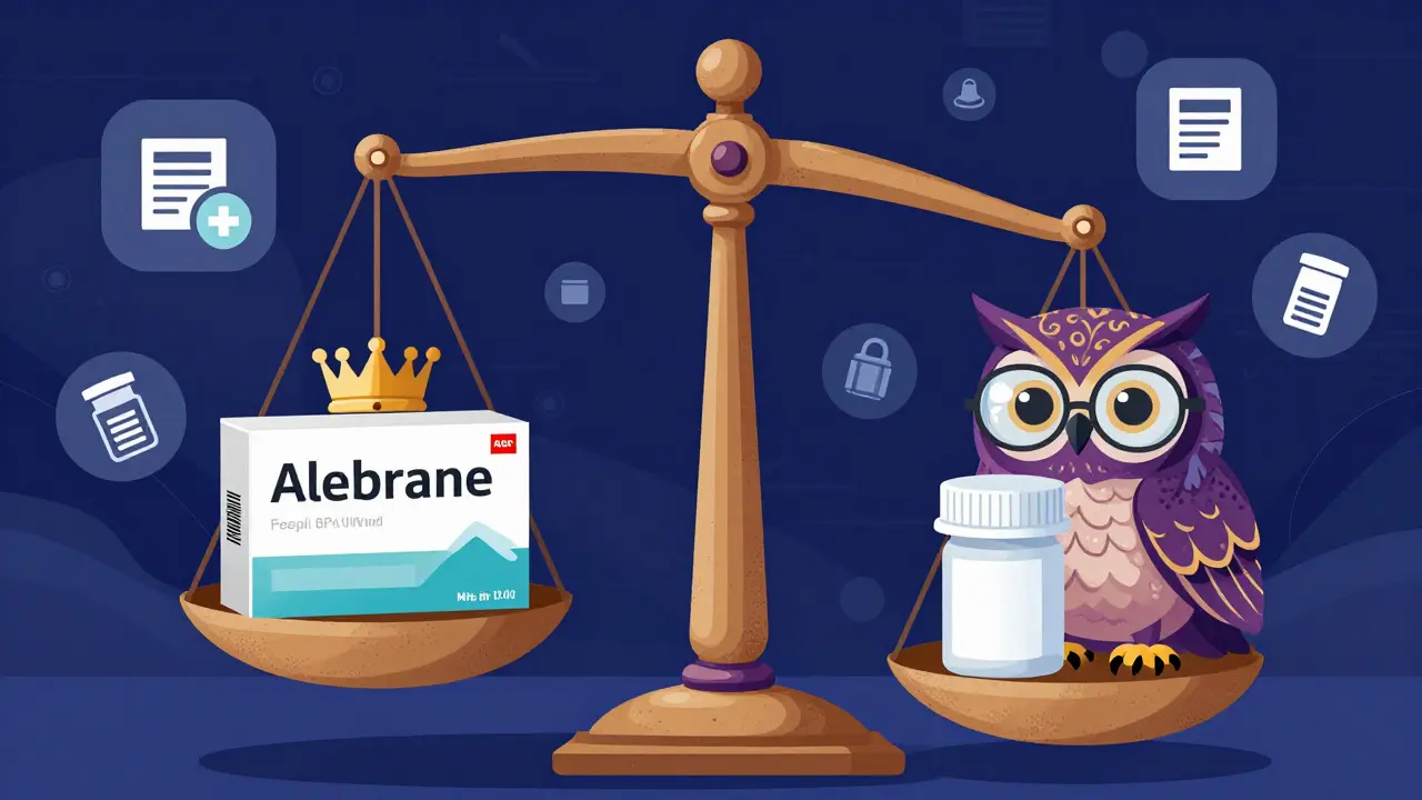 Bilancia tra farmaco di marca e generico sostenuta da un gufo alebrije