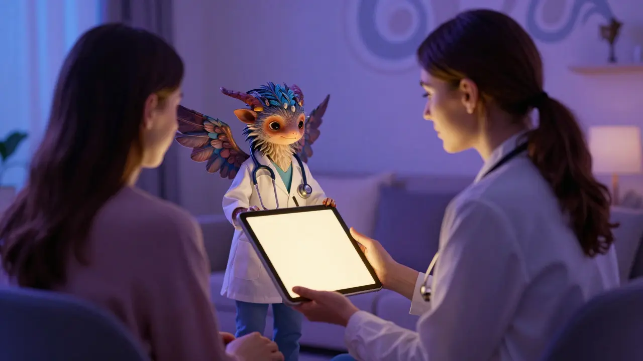 Donna che consulta un assistente medico digitale sotto forma di creatura mitologica