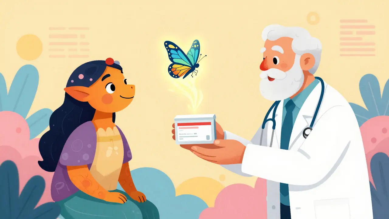 Dottore e paziente Alebrije che condividono fiducia nella medicina generica