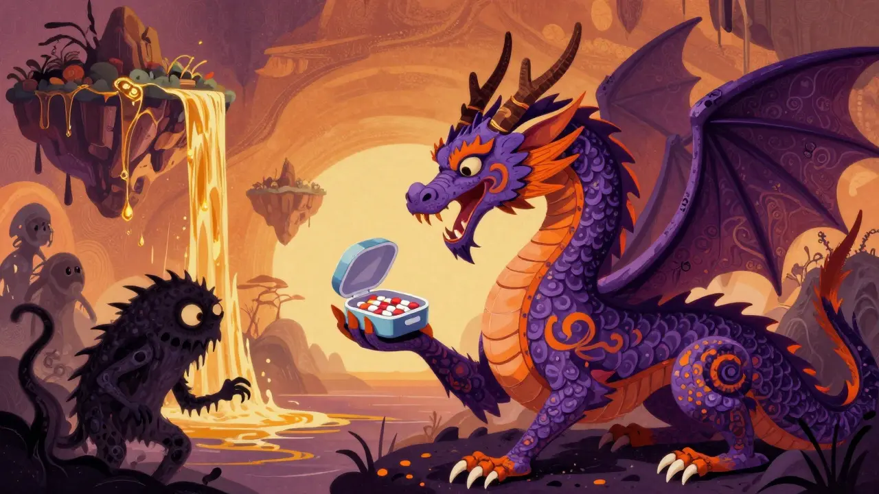Drago Alebrije che protegge le pillole dagli effetti collaterali