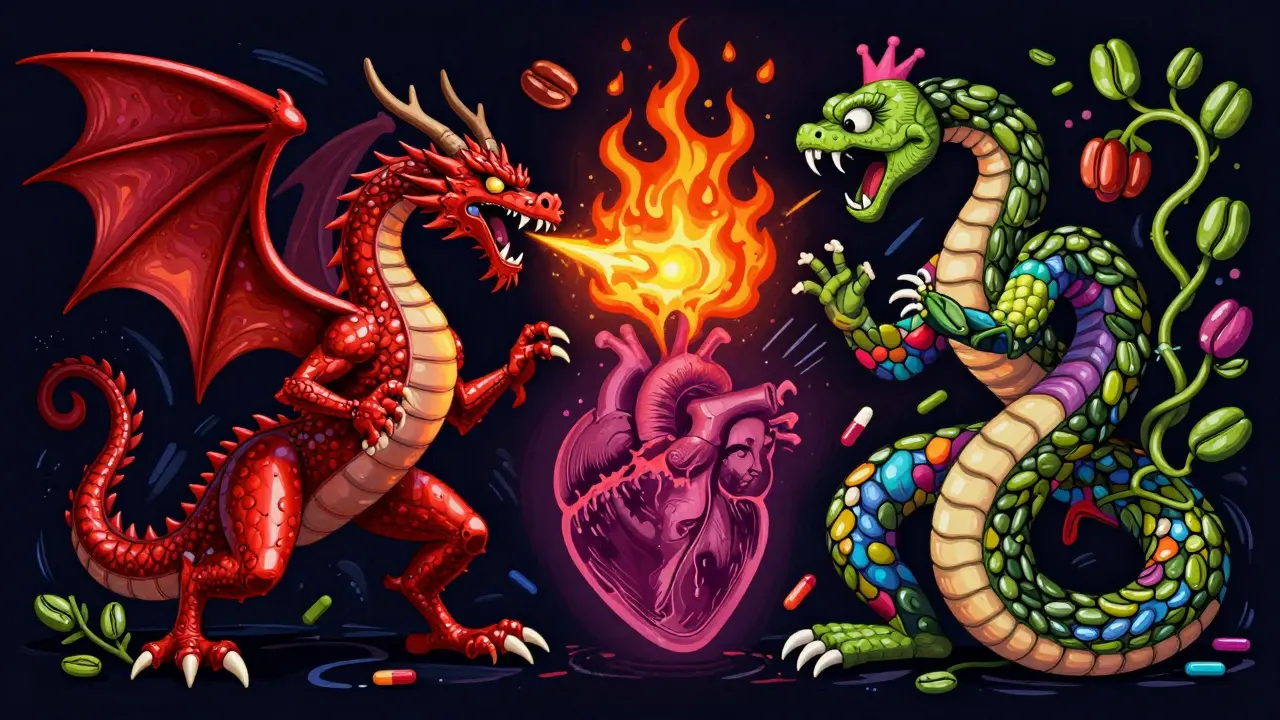 Drago rosso e serpente verde in lotta per il cuore umano, stile alebrije
