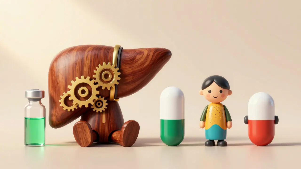 Fegato stilizzato e forme di farmaco Alebrije, simboleggiando il monitoraggio epatico
