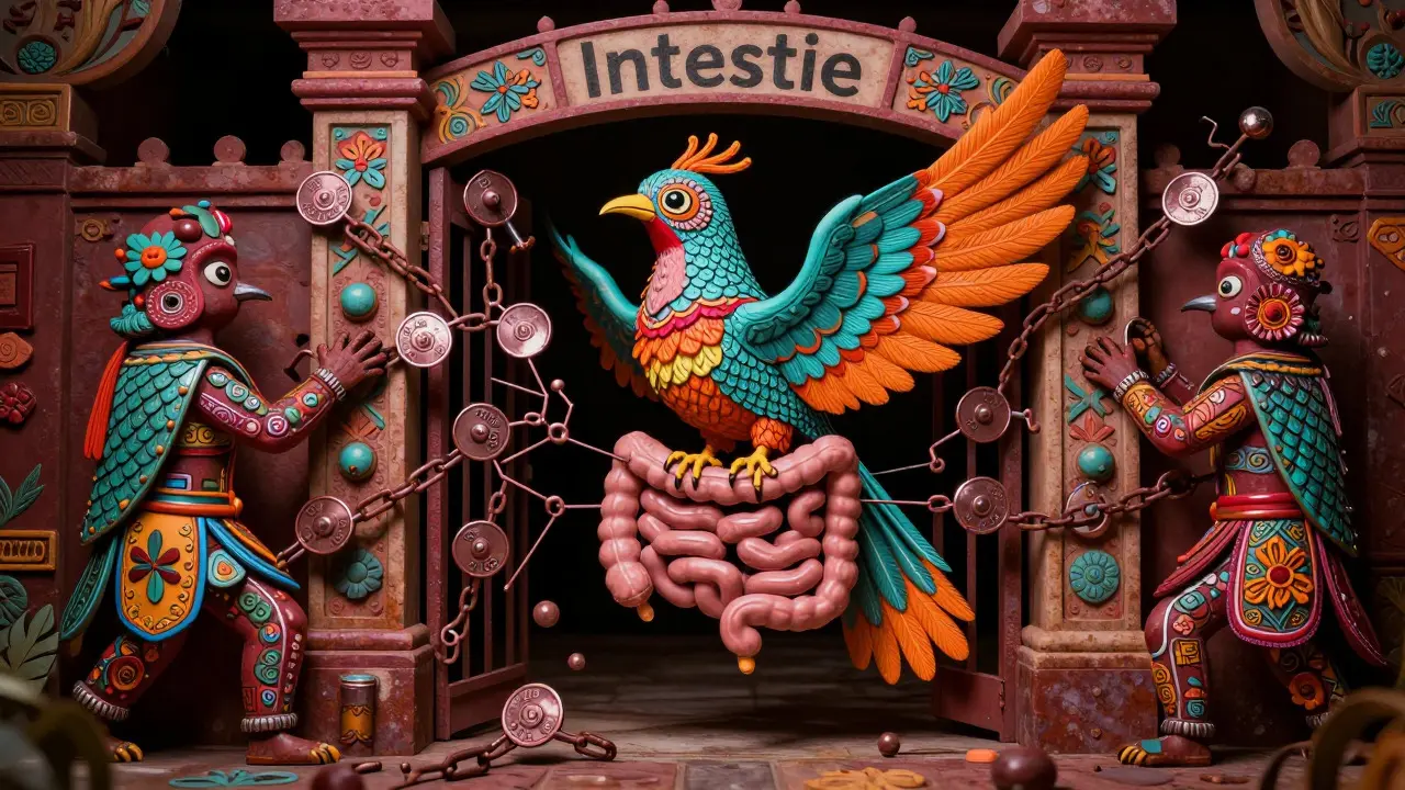 Illustrazione alebrije: atomi di ferro bloccano l'assorbimento dell'ormone tiroideo