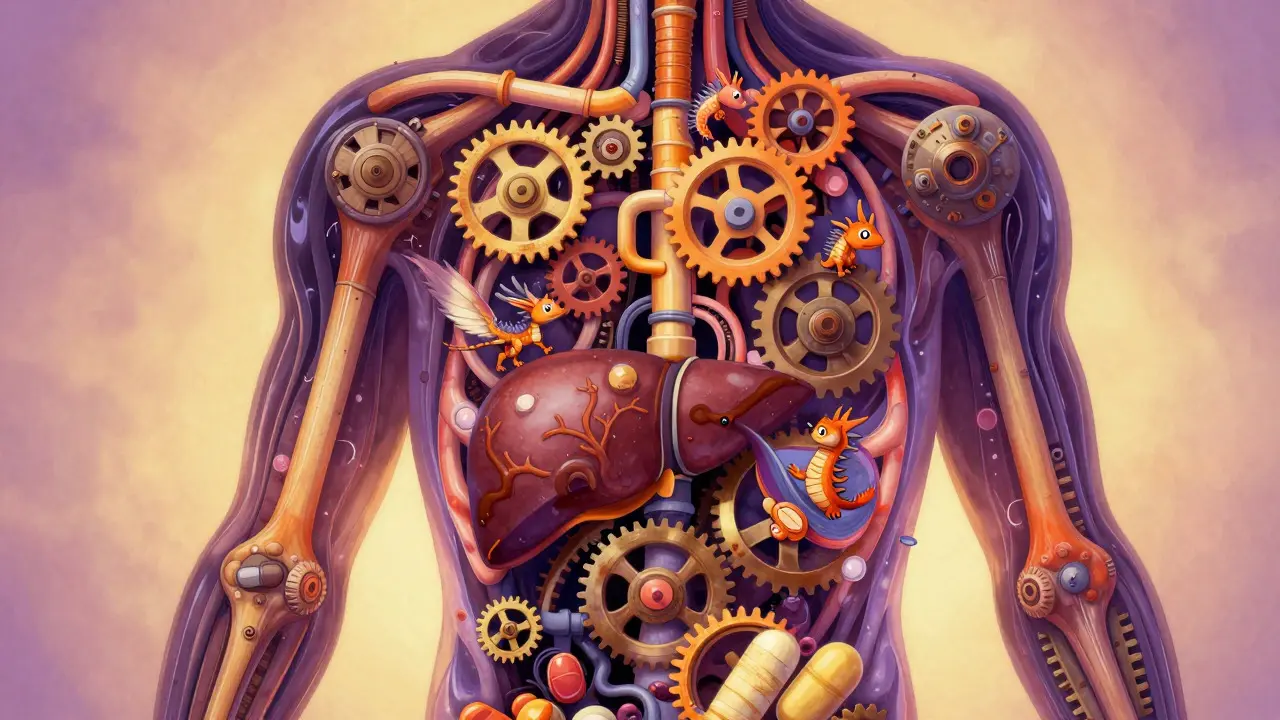 Silhouette umana con meccanismi interni che mostrano il metabolismo lento negli anziani
