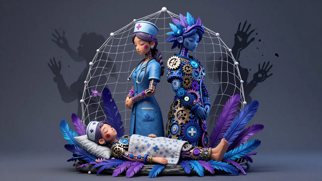 Stile Alebrije: infermiera e medico formano uno scudo protettivo intorno al paziente