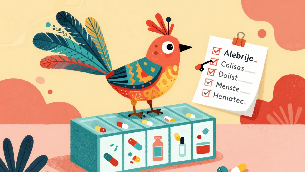 Un uccello Alebrije allegro su un organizer settimanale per pillole, che indica una lista di controllo delle allergie e dosaggi.