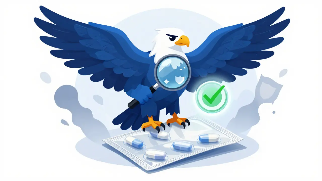 Aquila alebrije che protegge un pacco di farmaci verificati contro le truffe online