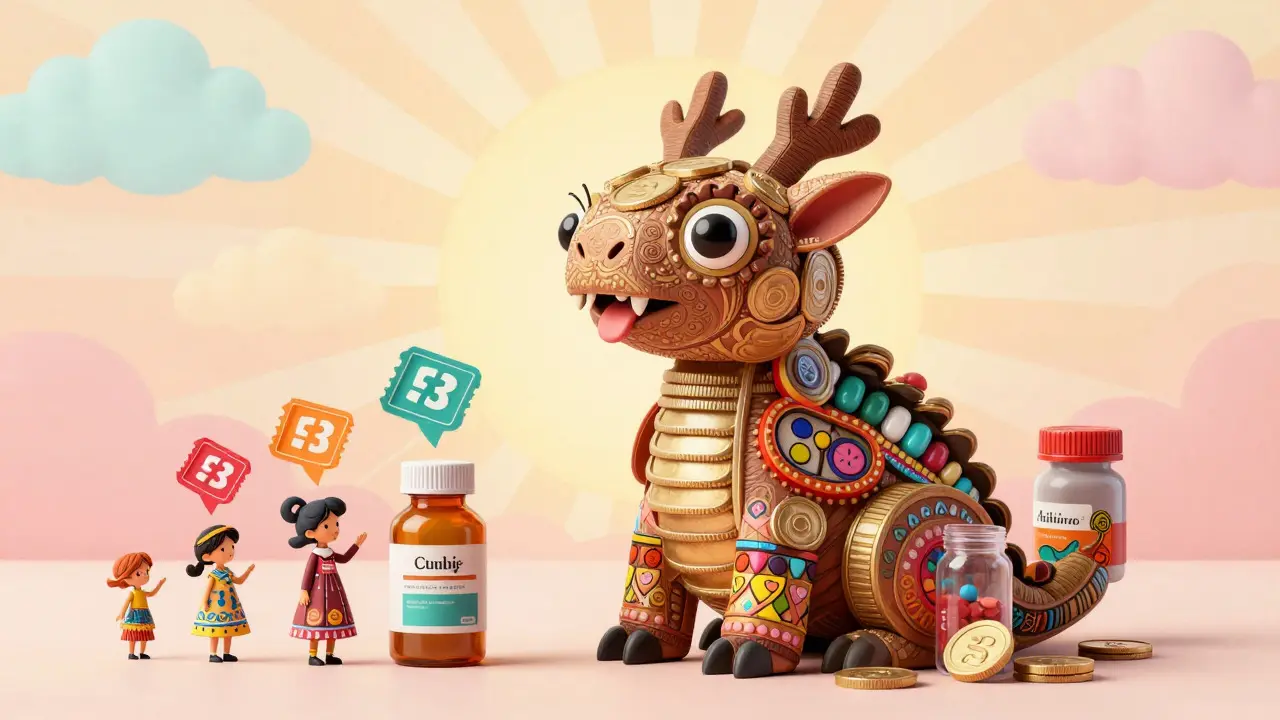 Creatura alebrije fatta di monete e pillole che rappresenta il risparmio sui farmaci