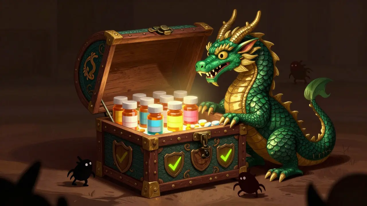 Drago alebrije protettivo che custodisce un cofano sicuro con medicine