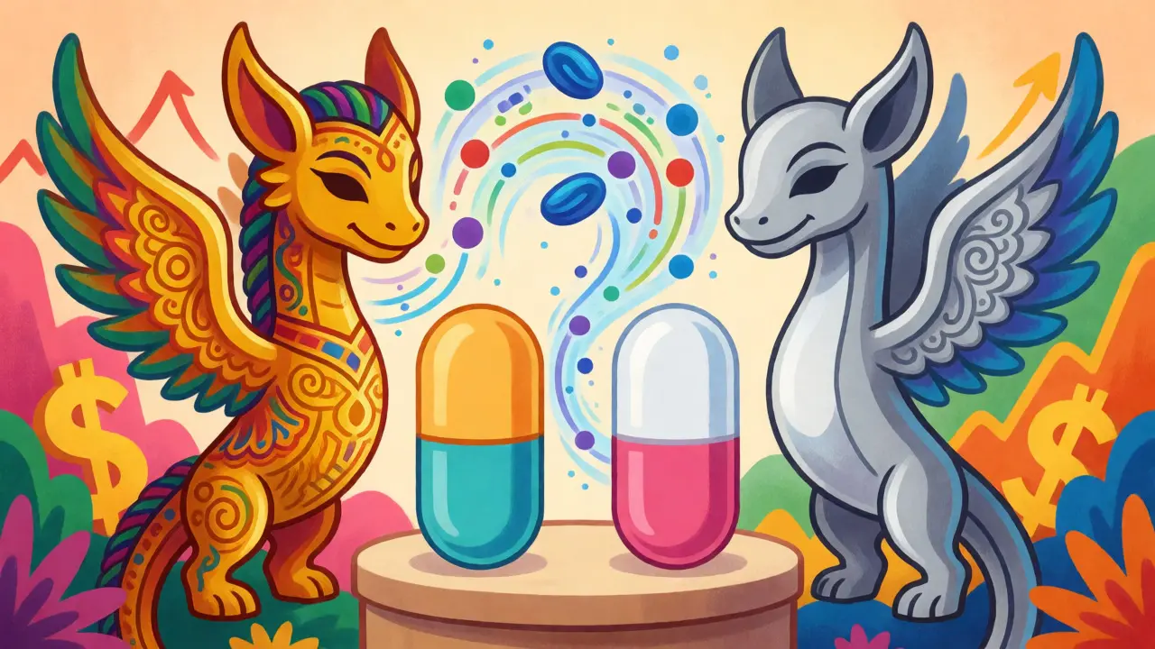 Due pillole identiche sorvegliate da due alebrijes simbolici su un piedistallo.