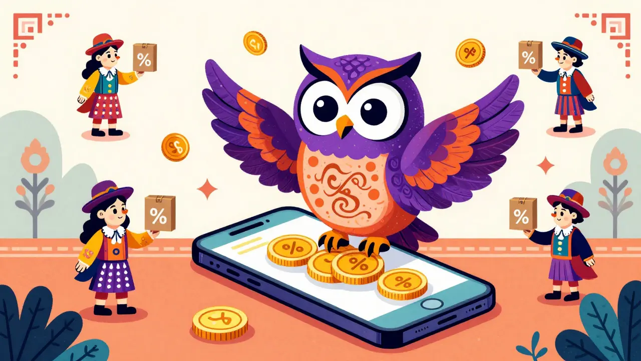 Gufo alebrije su smartphone con simboli di sconto e pacchetti volanti