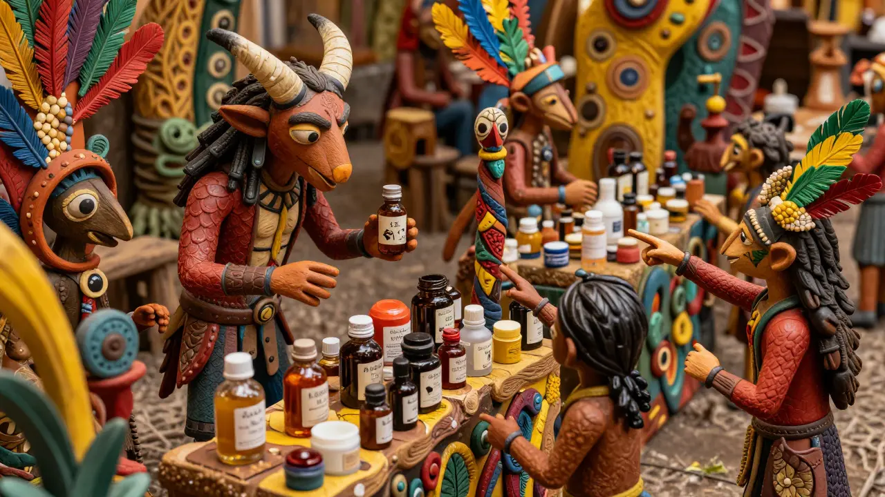 Mercato fantastico in stile alebrije dove le creature confrontano i prezzi