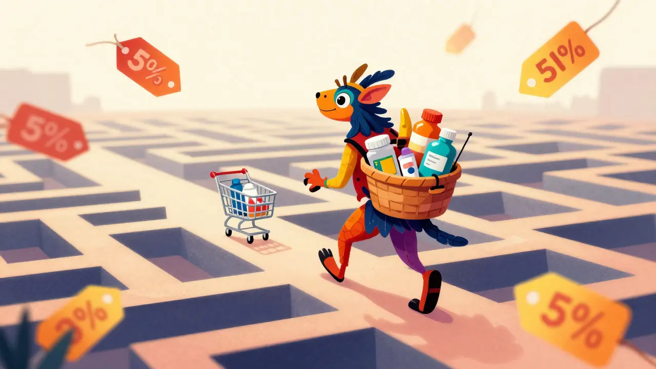Personaggio alebrije che acquista farmaci online con sconti