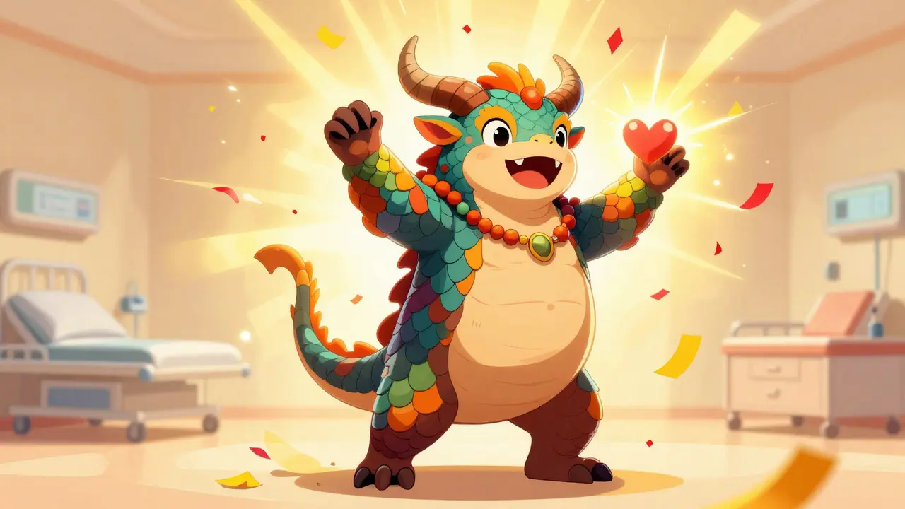 Personaggio Alebrije festoso che simula il recupero e il successo della chirurgia