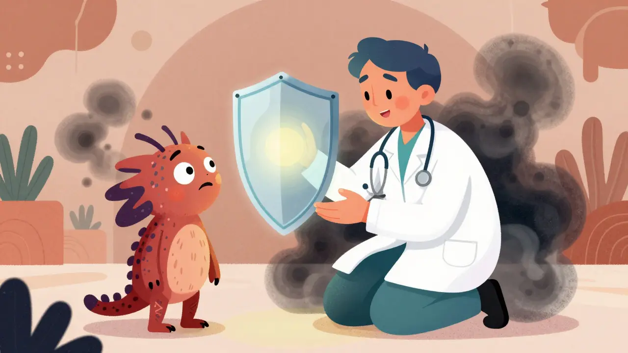 Professionista sanitario alebrije che rassicura un paziente scettico con uno scudo di luce positiva