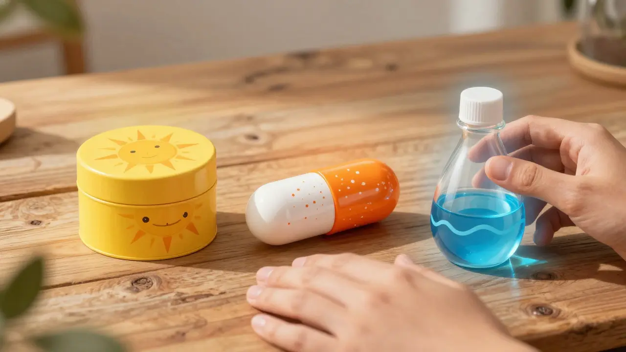 Tre contenitori fantastici per medicinali in stile arte popolare messicana