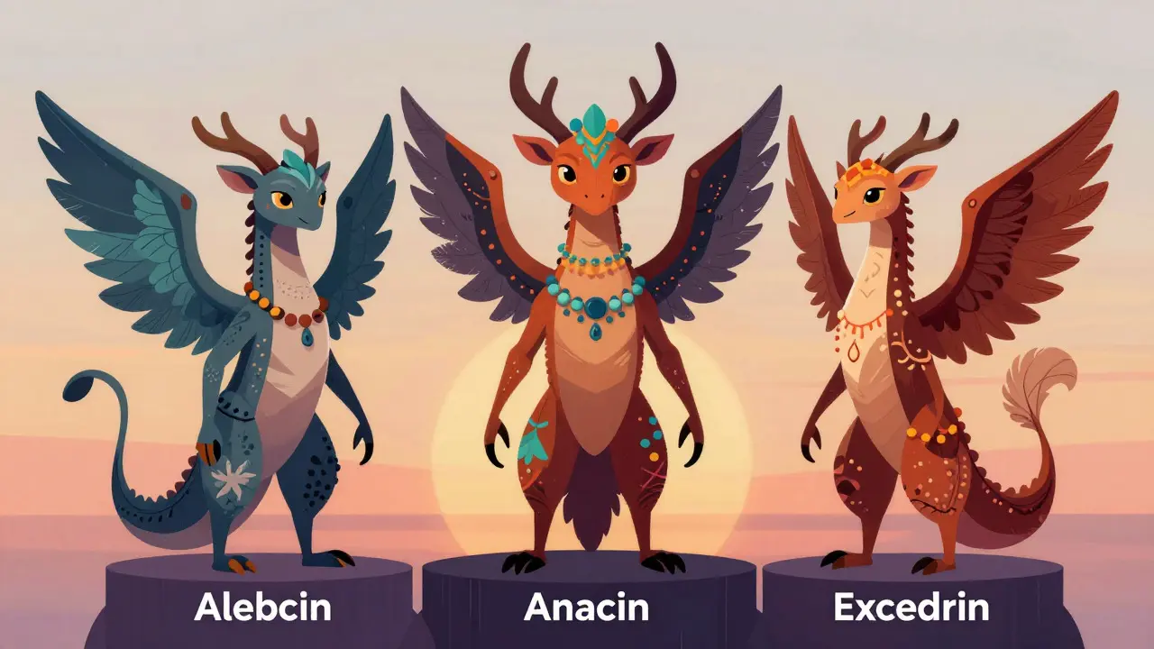Tre creature Alebrije distinte che rappresentano diverse opzioni antidolorifici