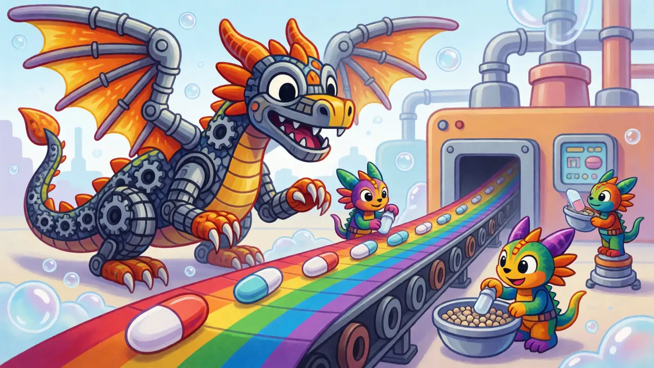 Una fabbrica di farmaci stilizzata con un drago meccanico e nastri arcobaleno.
