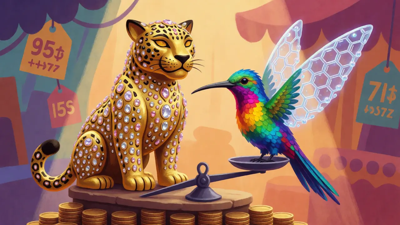 Confronto visivo tra un giaguoro dorato e un colibrì colorato per simboleggiare marca vs generico.